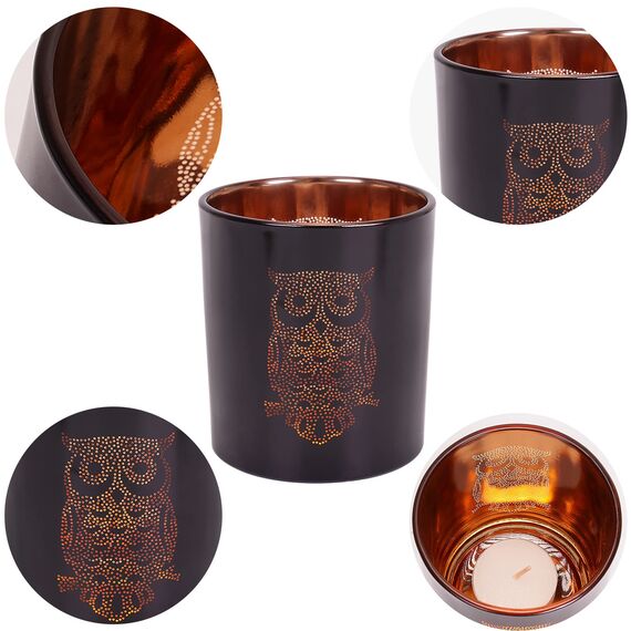 Larcenciel Teelichthalter Eule 3 Stück, Schwarz Gold Kerzenhalter Glas Windlicht Romantischer Teelichtgläser Glas Kerzenständer, Elegante Teelichter Deko für Tischdeko Weihnachten Neujahr Geburtstag