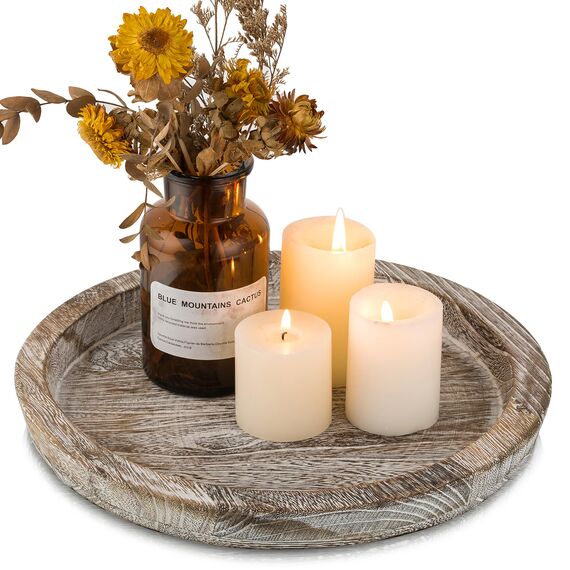 Hanobe Kerzenständer Holz Deko Tablett: Rund Holztablett Vintage Kerzenteller für Tischdeko - Rustikal Weiß Gewaschen Klein Dekotablett Kerzentablett für Wohnzimmer Tisch