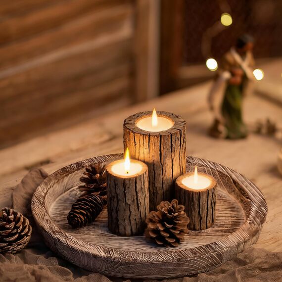 Hanobe Kerzenständer Holz Deko Tablett: Rund Holztablett Vintage Kerzenteller für Tischdeko - Rustikal Weiß Gewaschen Klein Dekotablett Kerzentablett für Wohnzimmer Tisch