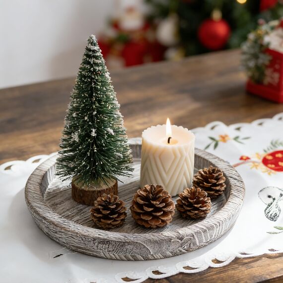 Hanobe Kerzenständer Holz Deko Tablett: Rund Holztablett Vintage Kerzenteller für Tischdeko - Rustikal Weiß Gewaschen Klein Dekotablett Kerzentablett für Wohnzimmer Tisch