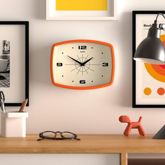 Jones Clocks® Movie wanduhr | Retro rechteckige uhr | 25 cm | Orange | Cooler designer-look im mid-century-stil für küche, wohnzimmer oder büro