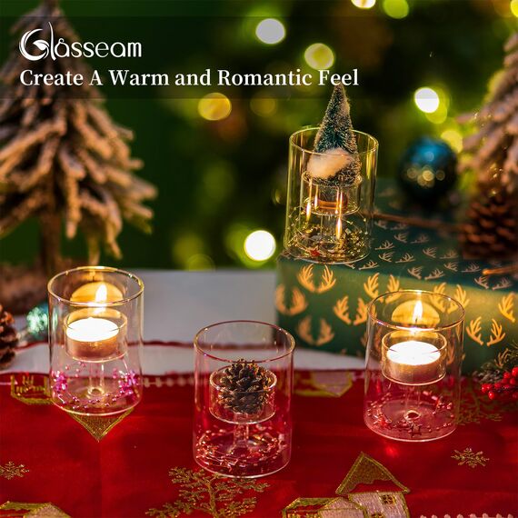 Glasseam Teelichtglas Glaszylinder für Kerzen, Teelichter Glas Kerzenhalter für Weihnachten Partylite, Zylinder Deko Teelichthalter Set 24 Stück, Teelichtgläser Vintage für Hochzeit Dekoration