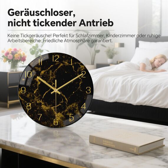VIKMARI Schwarzes-Goldenes Modernes Marmor-Textur 30CM Wanduhr mit Golduhrenzeigern - Geräuschlos, batteriebetrieben, runde Quarzuhr - Rustikale Dekoration für Küche, Schlafzimmer, Wohnzimmer & Büro