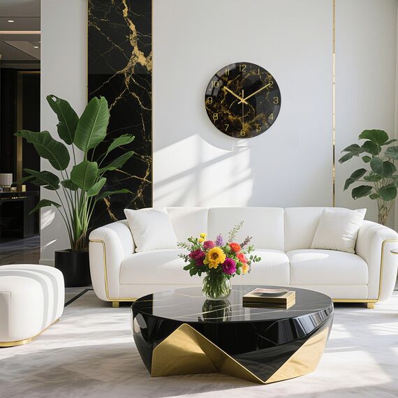 VIKMARI Schwarzes-Goldenes Modernes Marmor-Textur 30CM Wanduhr mit Golduhrenzeigern - Geräuschlos, batteriebetrieben, runde Quarzuhr - Rustikale Dekoration für Küche, Schlafzimmer, Wohnzimmer & Büro