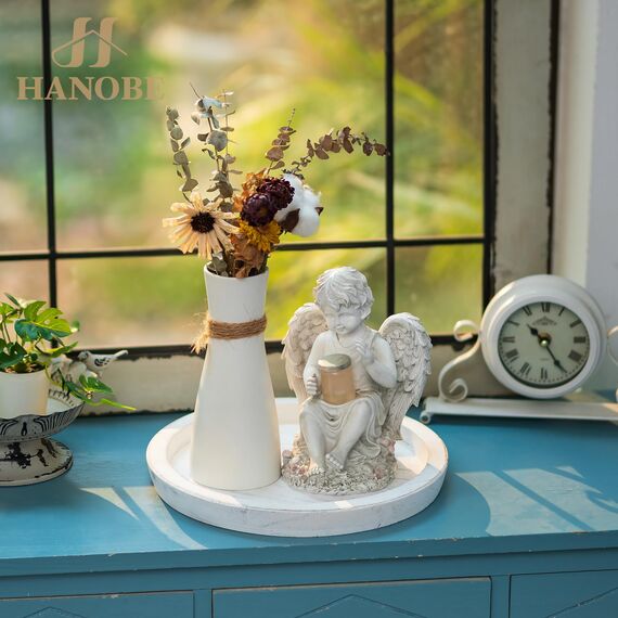 Hanobe Kerzenständer Holz Deko Tablett: Rund Holztablett Vintage Kerzenteller für Tischdeko - Rustikal Weiß Klein Dekotablett Kerzentablett für Wohnzimmer Tisch