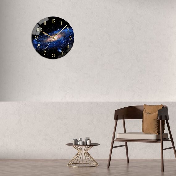 VIKMARI Glas Wanduhr Leise Nicht tickend Wand Uhren Qualität Quarz Batteriebetriebene Runde 30 cm Nacht-Himmel Muster