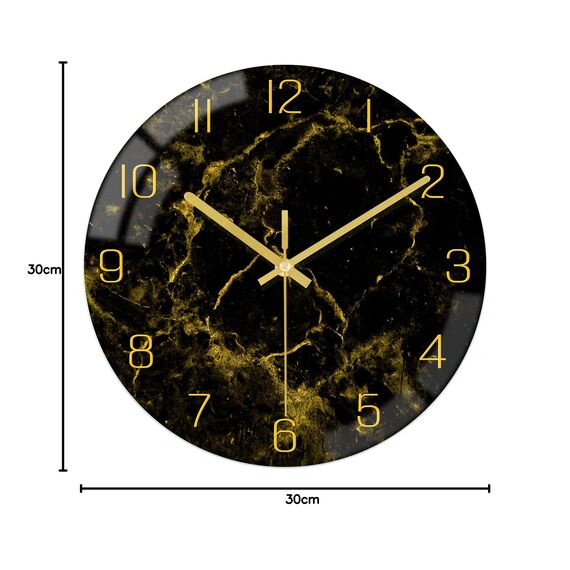VIKMARI Schwarzes-Goldenes Modernes Marmor-Textur 30CM Wanduhr mit Golduhrenzeigern - Geräuschlos, batteriebetrieben, runde Quarzuhr - Rustikale Dekoration für Küche, Schlafzimmer, Wohnzimmer & Büro