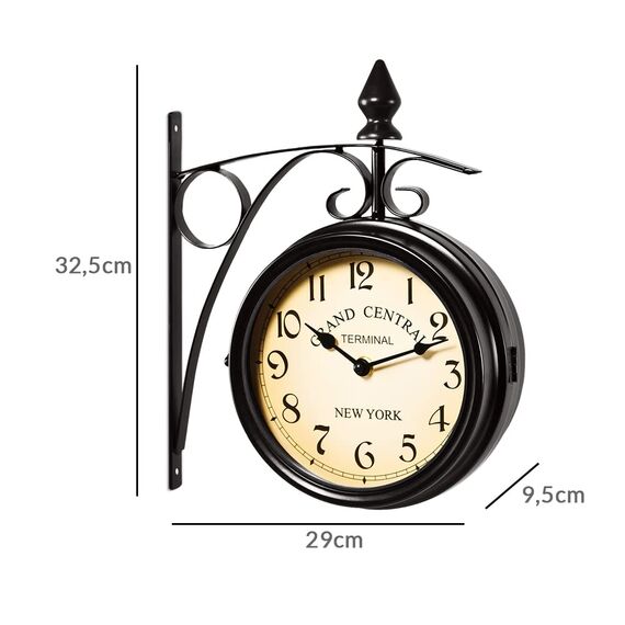 Monzana® Wanduhr Vintage Quarzuhrwerke Mit Beidseitigem Ziffernblatt Doppelseitige Bahnhofsuhr Schmiedeeisern Retro Schwarz