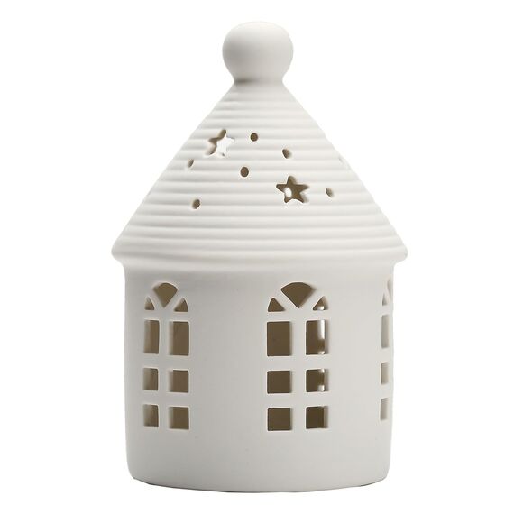 Yeerockal Keramic Xmas Dekohaus mit LED Leuchtmittel | 14cm Höhe | LED 2 x LR44 Batterien Inkl | Weiß Teelichthalter Xmas DIY Dekoration (Style A)