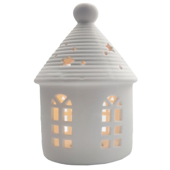 Yeerockal Keramic Xmas Dekohaus mit LED Leuchtmittel | 14cm Höhe | LED 2 x LR44 Batterien Inkl | Weiß Teelichthalter Xmas DIY Dekoration (Style A)