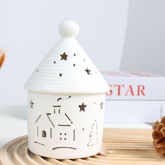 Yeerockal Keramik Weihnachten Dekohaus mit LED Belechtung | 14cm Höhe | LED 2 x LR44 Batterien Inkl | Weiß Teelichthalter Xmas DIY Dekoration (Style B)