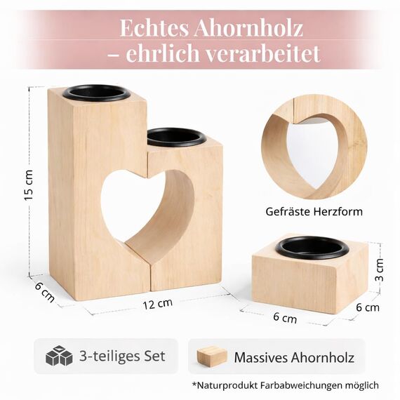 Plogis Herz Teelichthalter aus Holz -Set aus 3 Dekorativen Kerzenständern | Herz Deko & Romantische Kerzen | Geschenk für Freundin, Hochzeit, Familie Muttertagsgeschenk | 15cm Groß aus Ahornholz