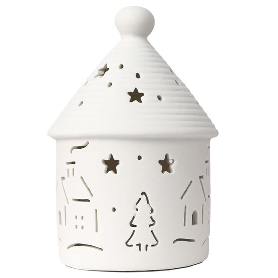 Yeerockal Keramik Weihnachten Dekohaus mit LED Belechtung | 14cm Höhe | LED 2 x LR44 Batterien Inkl | Weiß Teelichthalter Xmas DIY Dekoration (Style B)