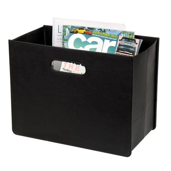 HofferRuffer Zeitungskorb aus Leder mit Griff, Zusammenklappbarer Zeitschriftenkorb Ständer 35 x 19 x 27 cm, Zeitungenaufbewahrung Organizer Schwarz