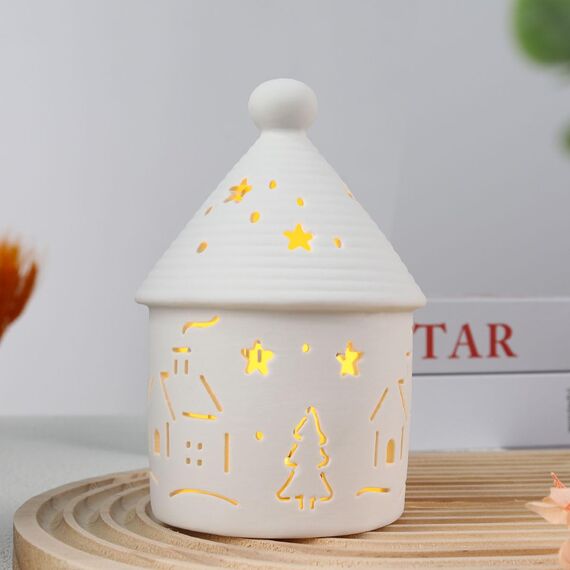 Yeerockal Keramik Weihnachten Dekohaus mit LED Belechtung | 14cm Höhe | LED 2 x LR44 Batterien Inkl | Weiß Teelichthalter Xmas DIY Dekoration (Style B)