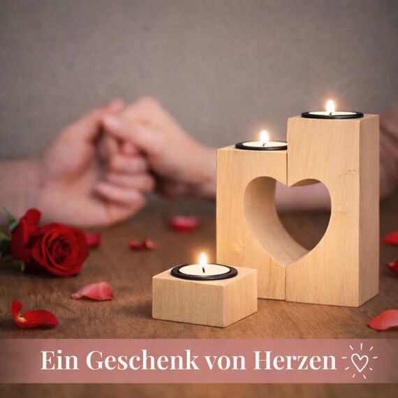 Plogis Herz Teelichthalter aus Holz -Set aus 3 Dekorativen Kerzenständern | Herz Deko & Romantische Kerzen | Geschenk für Freundin, Hochzeit, Familie Muttertagsgeschenk | 15cm Groß aus Ahornholz