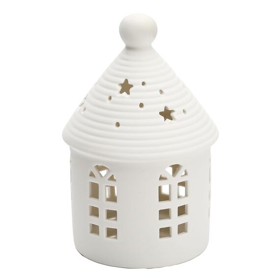 Yeerockal Keramic Xmas Dekohaus mit LED Leuchtmittel | 14cm Höhe | LED 2 x LR44 Batterien Inkl | Weiß Teelichthalter Xmas DIY Dekoration (Style A)