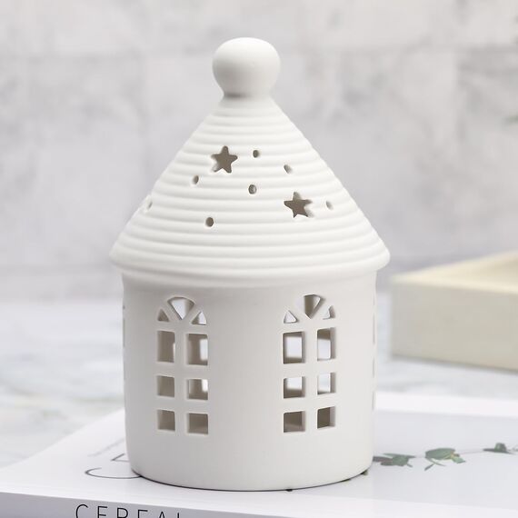 Yeerockal Keramic Xmas Dekohaus mit LED Leuchtmittel | 14cm Höhe | LED 2 x LR44 Batterien Inkl | Weiß Teelichthalter Xmas DIY Dekoration (Style A)
