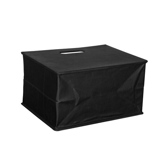 HofferRuffer Zeitungskorb aus Leder mit Griff, Zusammenklappbarer Zeitschriftenkorb Ständer 35 x 19 x 27 cm, Zeitungenaufbewahrung Organizer Schwarz