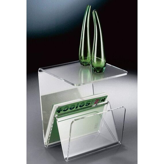 Howe-Deko Hochwertiger Acryl-Glas Zeitungsständer, Beistelltisch mit Zeitschriftenständer, Zeitungstasche, klar, 35 x 35 cm, H 41,5 cm, Acryl-Glas-Stärke 10 mm