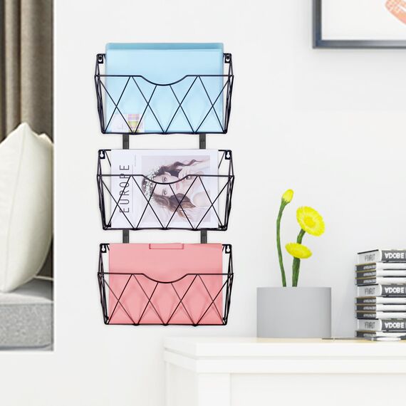 Syeeiex Groß Zeitschriftenhalter Wand 3 Stück, Zeitungshalter Wand Metall für A4 Post Brief, Prospekthalter Wand & Schreibtisch im Küche Wohnzimmer Büro Badezimmer, Zeitungsständer Wand - Schwarz