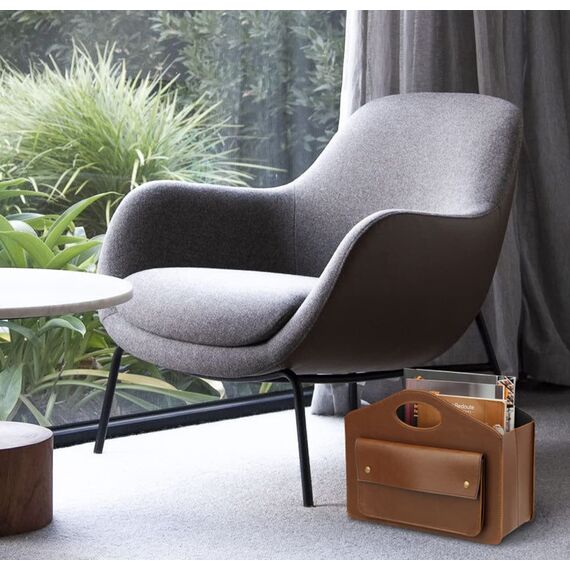 HofferRuffer Leder Zeitschriftenhalter mit Griff, Faltbarer Zeitungshalter mit Kleiner Vordertasche, Aufbewahrungskorb 35*28*15.2cm Braun