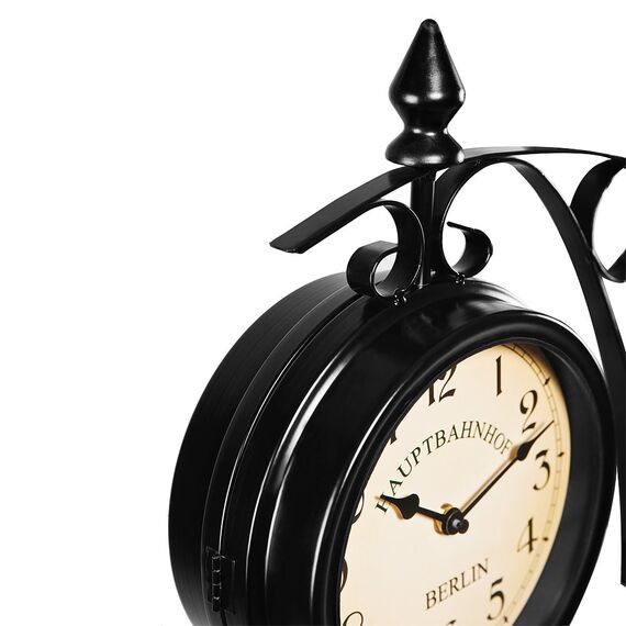 Monzana® Wanduhr Vintage Quarzuhrwerke Mit Beidseitigem Ziffernblatt Doppelseitige Bahnhofsuhr Schmiedeeisern Retro Schwarz