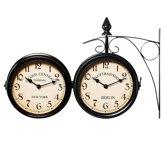 Monzana® Wanduhr Vintage Quarzuhrwerke Mit Beidseitigem Ziffernblatt Doppelseitige Bahnhofsuhr Schmiedeeisern Retro Schwarz