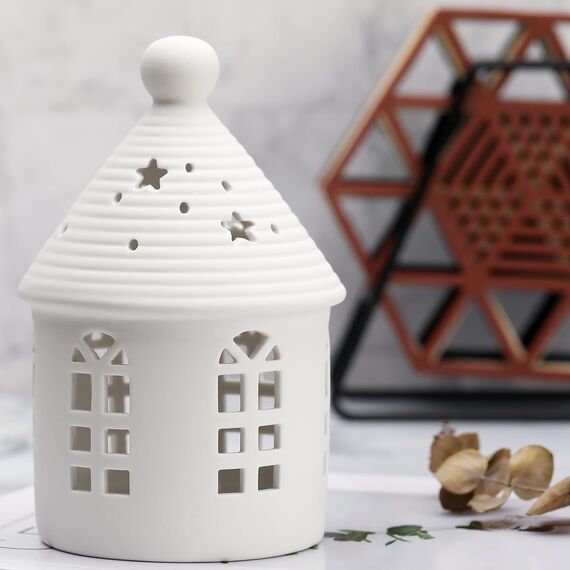 Yeerockal Keramic Xmas Dekohaus mit LED Leuchtmittel | 14cm Höhe | LED 2 x LR44 Batterien Inkl | Weiß Teelichthalter Xmas DIY Dekoration (Style A)