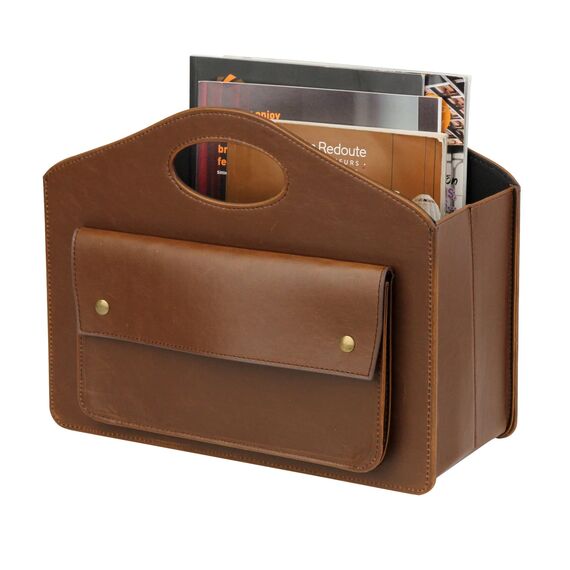 HofferRuffer Leder Zeitschriftenhalter mit Griff, Faltbarer Zeitungshalter mit Kleiner Vordertasche, Aufbewahrungskorb 35*28*15.2cm Braun