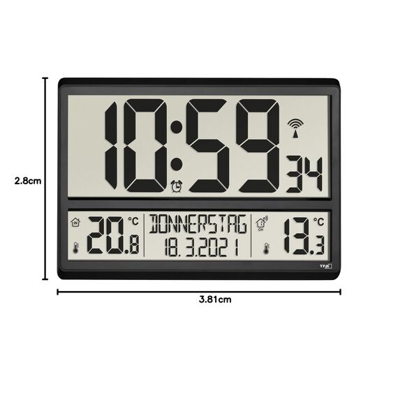 TFA Dostmann Digitale XL Wanduhr, 60.4521.01, mit Außentemperatur, Innentemperatur, Wochentag (8 Sprachen), Funkuhr, Datum, schwarz, (L) 360 x (B) 235 x (H) 28 (84) mm
