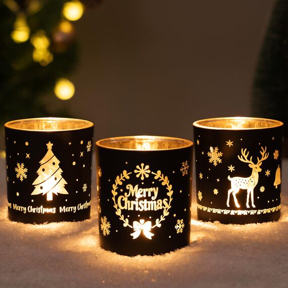 Larcenciel Teelichthalter Weihnachten, 3er Set Luxus Schwarz Gold Kerzenständer Glas mit Rentiere, Kränze, Weihnachtsbäume, Romantischer Windlicht Glas für Tischdeko Weihnachten, Wohnzimmer Home Deko