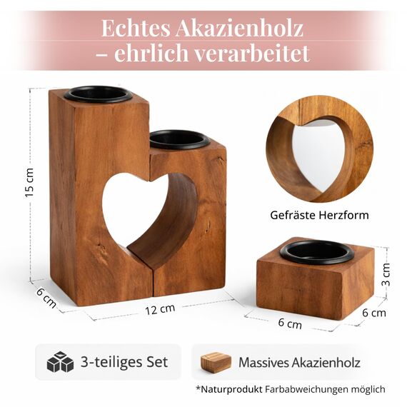 Plogis Teelichthalter Herz aus Akazienholz (3-teilig, 15 cm) – Valentinstag Holz Geschenk für Sie & Freundin – Romantischer Kerzenhalter Holzherz Deko, Jahrestag Liebesgeschenk für Frauen
