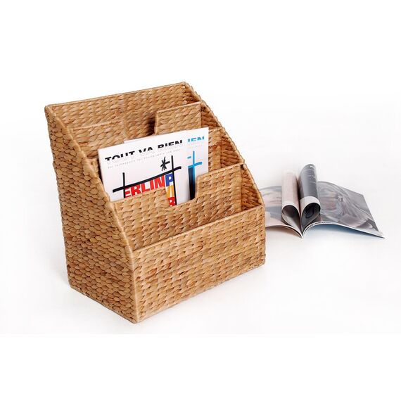 VIVANNO Rego Zeitungskorb aus Wasserhyazinthe – Moderner Zeitschriftensammler mit 4 Fächern, 40x37x25 cm, Natürliches Design für Wohn- und Arbeitszimmer