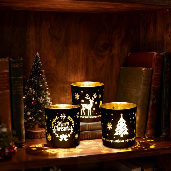 Larcenciel Teelichthalter Weihnachten, 3er Set Luxus Schwarz Gold Kerzenständer Glas mit Rentiere, Kränze, Weihnachtsbäume, Romantischer Windlicht Glas für Tischdeko Weihnachten, Wohnzimmer Home Deko