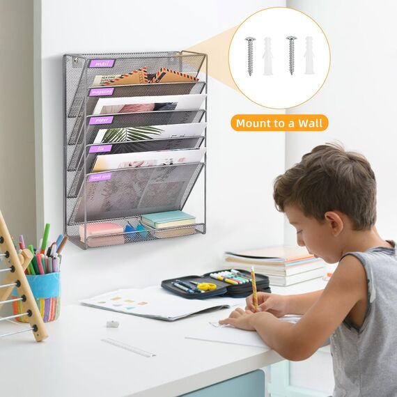 VEUWOLM Zeitschriftenhalter Wand, 6 Fächer, 40,5 x 32,5 x 10,5 cm Dokumentenhalter A4, Zeitschriften Wandhalter, Metall Querformat Prospekthalter für Büro, Schreibtisch