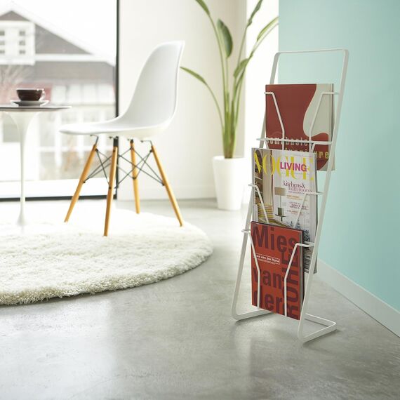 Yamazaki 6512 TOWER Zeitungsständer mit 4 Fächern, weiß, Stahl, minimalistisch, 25 x 18 x 71 cm