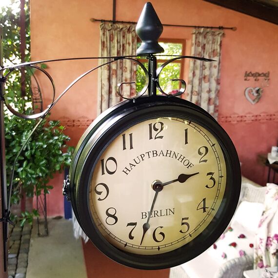 Monzana® Wanduhr Vintage Quarzuhrwerke Mit Beidseitigem Ziffernblatt Doppelseitige Bahnhofsuhr Schmiedeeisern Retro Schwarz