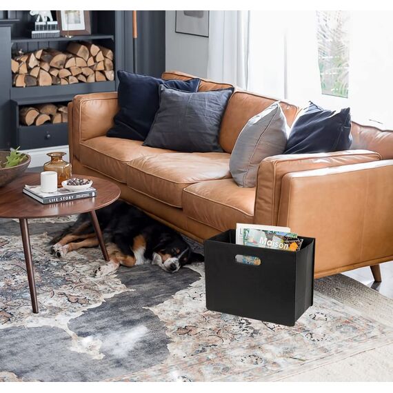 HofferRuffer Zeitungskorb aus Leder mit Griff, Zusammenklappbarer Zeitschriftenkorb Ständer 35 x 19 x 27 cm, Zeitungenaufbewahrung Organizer Schwarz