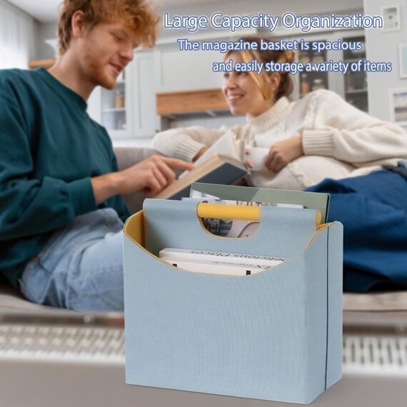 Neateam Zeitungsständer Modern Zeitungshalter, Faltbarer Zeitschriftenständer mit Bambusgriff, Zeitschriftensammler Zeitungskorb für Büro Zuhause und Wohnzimmer - Gelb Blau