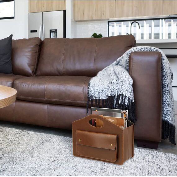 HofferRuffer Leder Zeitschriftenhalter mit Griff, Faltbarer Zeitungshalter mit Kleiner Vordertasche, Aufbewahrungskorb 35*28*15.2cm Braun