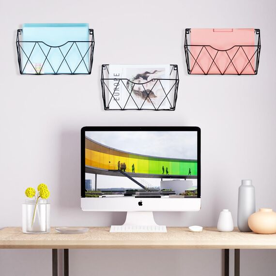 Syeeiex Groß Zeitschriftenhalter Wand 3 Stück, Zeitungshalter Wand Metall für A4 Post Brief, Prospekthalter Wand & Schreibtisch im Küche Wohnzimmer Büro Badezimmer, Zeitungsständer Wand - Schwarz