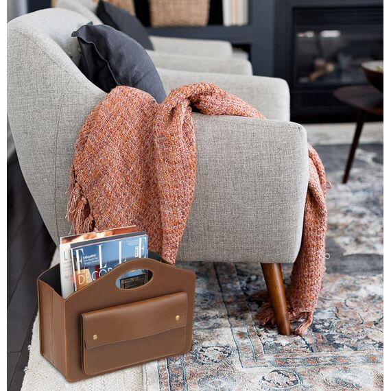 HofferRuffer Leder Zeitschriftenhalter mit Griff, Faltbarer Zeitungshalter mit Kleiner Vordertasche, Aufbewahrungskorb 35*28*15.2cm Braun