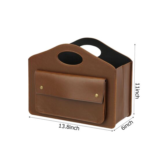 HofferRuffer Leder Zeitschriftenhalter mit Griff, Faltbarer Zeitungshalter mit Kleiner Vordertasche, Aufbewahrungskorb 35*28*15.2cm Braun