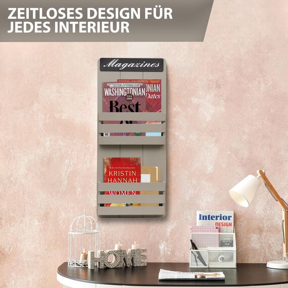 DRULINE Zeitungsständer – Moderner Zeitungs- und Magazinhalter aus MDF Holz in Grau – Platzsparender Wandorganizer, matt lackiert – Ideal zur Aufbewahrung von Post, Zeitschriften, Dokumenten