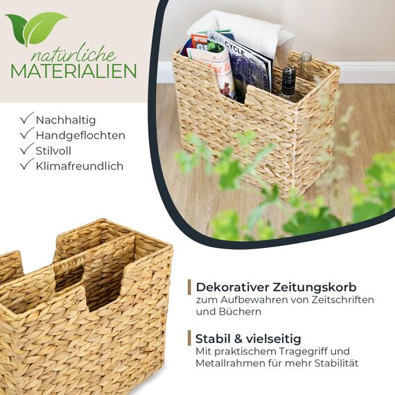 HMF Zeitungsständer, Zeitungskorb geflochten aus Wasserhyazinthe | 2 Fächer | 40 x 20 x 33 cm