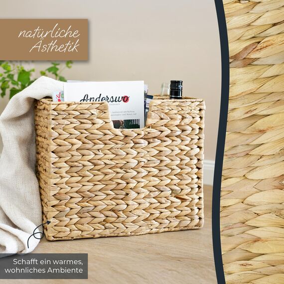 HMF Zeitungsständer, Zeitungskorb geflochten aus Wasserhyazinthe | 2 Fächer | 40 x 20 x 33 cm