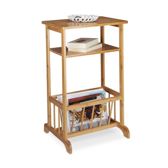 Relaxdays Beistelltisch mit Zeitungsständer, Bambus, Robust, 2 Ablagen, H x B x T: 71,5 x 44,5 x 37 cm, natur
