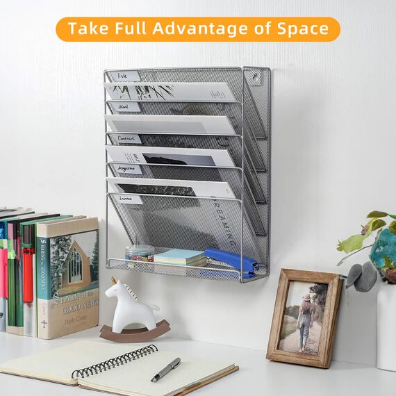 VEUWOLM Zeitschriftenhalter Wand, 6 Fächer, 40,5 x 32,5 x 10,5 cm Dokumentenhalter A4, Zeitschriften Wandhalter, Metall Querformat Prospekthalter für Büro, Schreibtisch