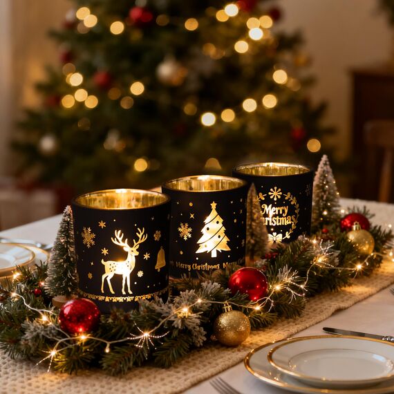 Larcenciel Teelichthalter Weihnachten, 3er Set Luxus Schwarz Gold Kerzenständer Glas mit Rentiere, Kränze, Weihnachtsbäume, Romantischer Windlicht Glas für Tischdeko Weihnachten, Wohnzimmer Home Deko